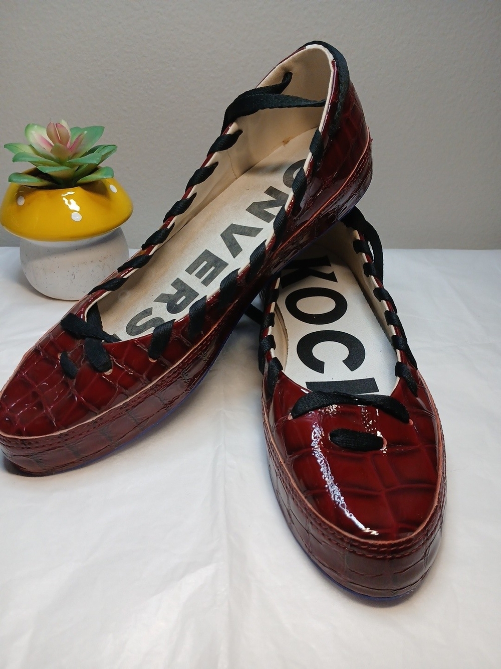 Converse Women's Burgundy Croc-Embossed Patent Ballet Flats with Black Laces